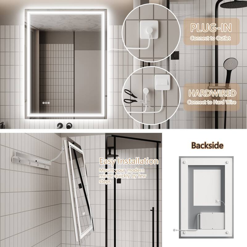 Rectangle Frameless Anti-Fog Wall Mounted LED Light Bathroom Vanity Mirror