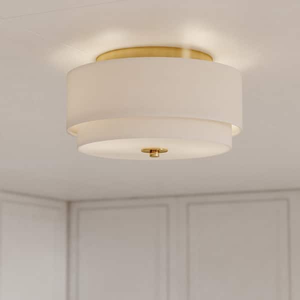 slide 2 of 18, Burnaby Mid-Century Modern Ceiling Mount Light White Linen Drum Shade 13-in W x 6.75-in H x 13-in D - Matte Brass