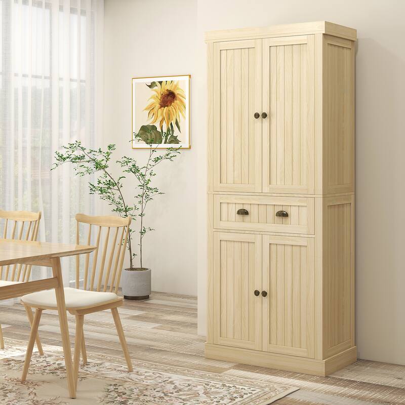 72" Farmhouse Kitchen Pantry Cabinet, Freestanding Tall Storage Cabinet with 4 Soft-Close Doors,2 Adjustable Shelves and Drawer