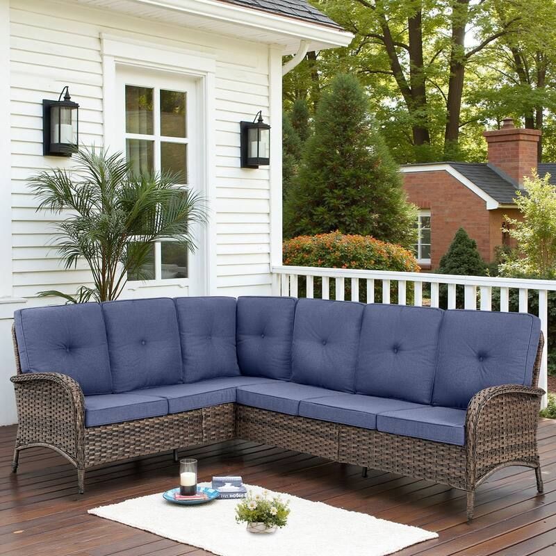 Outdoor PE Rattan Patio Conversation Set - Brown - Blue