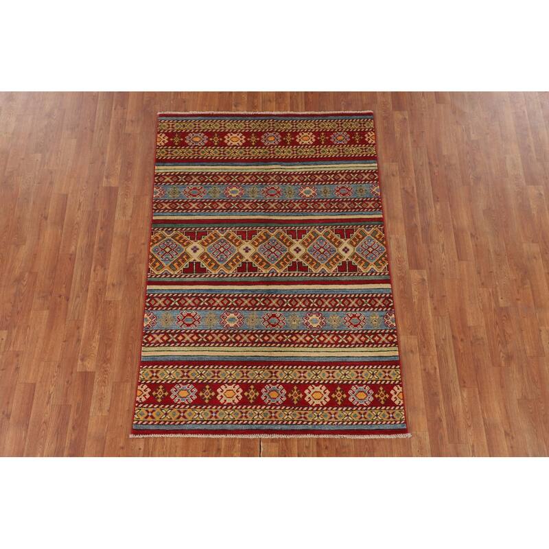 Striped Multi-Color Kazak Oriental Area Rug Handmade Wool Carpet - 4'0" x 5'11"