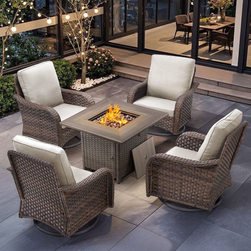 Cavira 5-Piece Brown Wicker Patio Fire Pit Set with 4 Swivel Glider Chairs - Beige Cushions - Brown Wicker