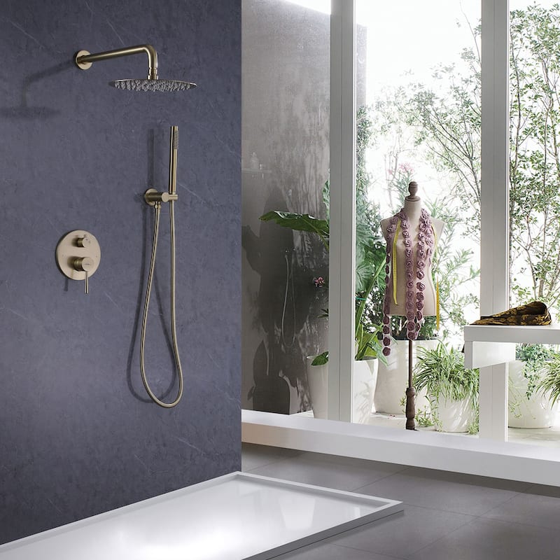 1-Spray Patterns Wall Mount Dual Shower Heads with Handheld Shower Head Set in Brushed Gold - 10 inch