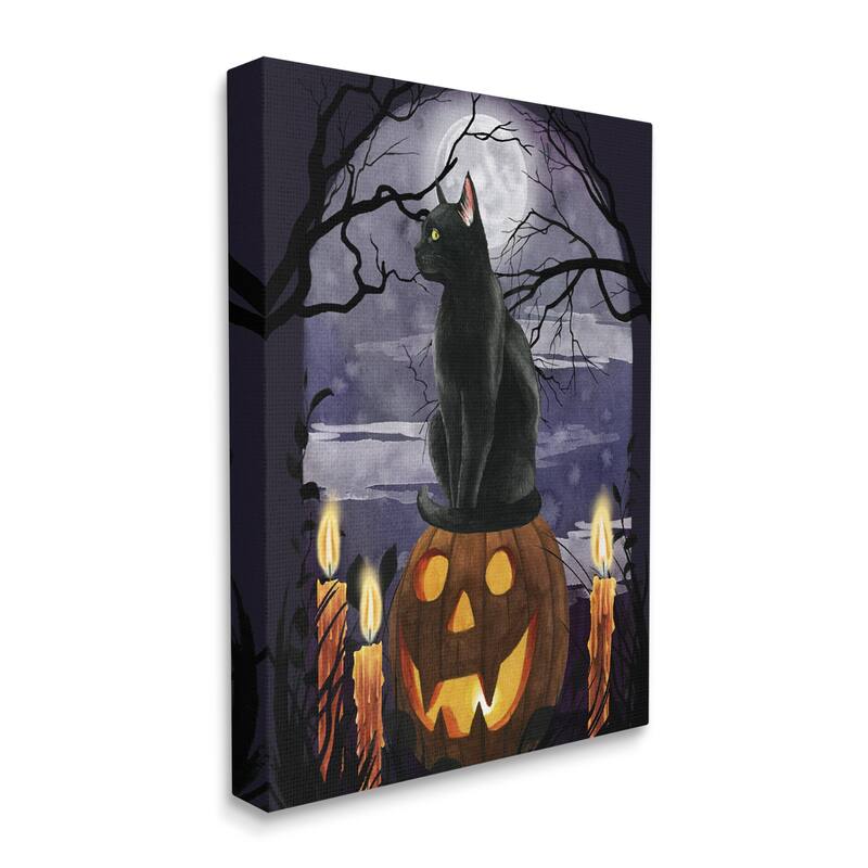 Stupell Full Moon Halloween Night Spooky Black Cat Jack-o'-lantern Canvas Wall Art - Orange