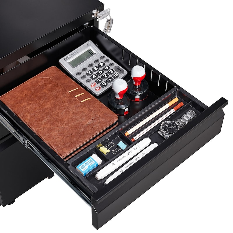 Modern 3-Drawer Mobile Filing Cabinet with Lock, Stationery Drawers and Removable Hanging Rods, for Home Office