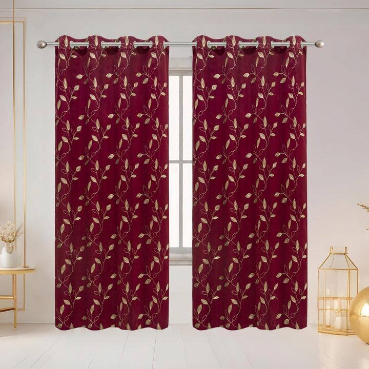 Elvira Embroidered Leaf Room Darkening Grommet Window Curtain Panel, 54x84 Inches - 54 x 84 Inches - Burgundy
