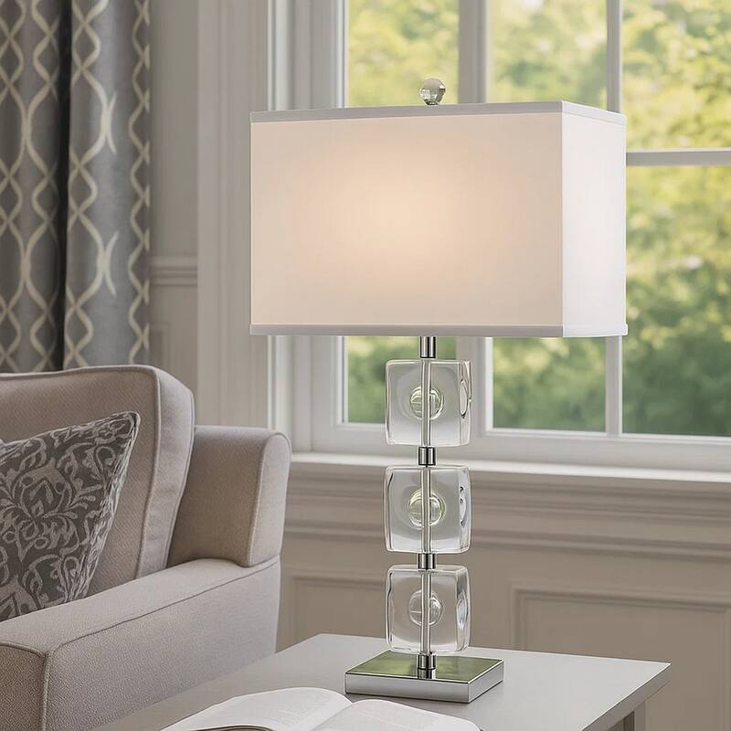 28 Inch Table Lamp, Crystal Stand, White Rectangular Shade, Metal, Clear