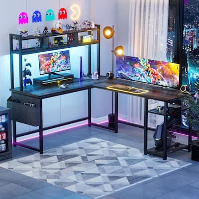 Reversible L-Shaped Desk with Storage Shelves and Hutch, Corner Desk with Charging Station and RGB LED Lights