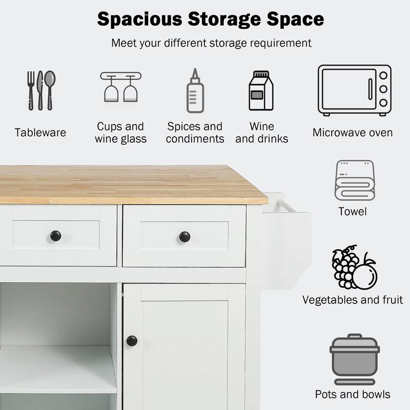 Kitchen Cart with Rubber wood Drop-Leaf Countertop