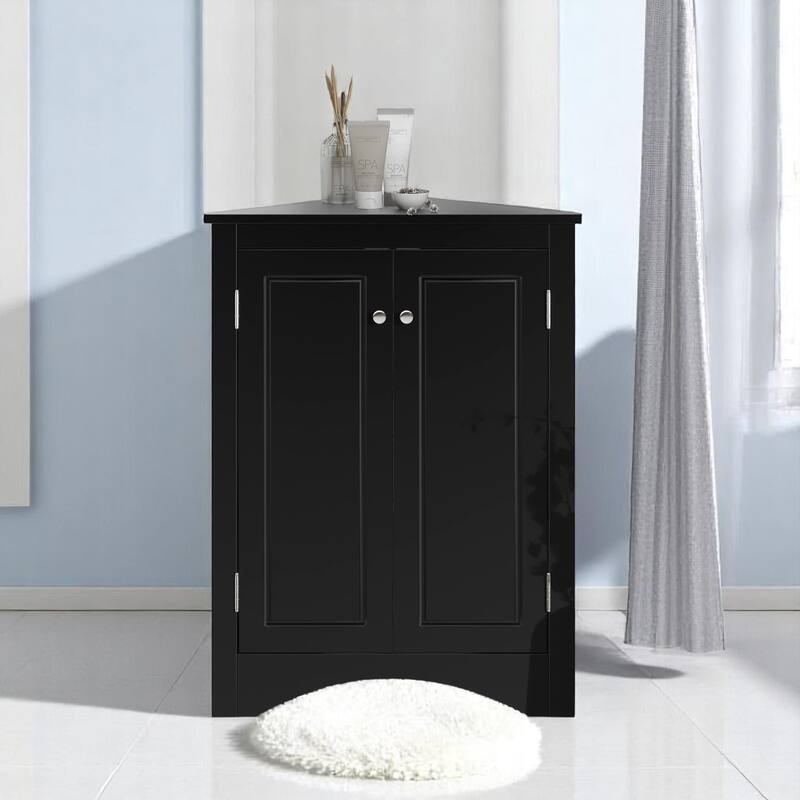 Modern Triangle Floor Cabinet with Doors and Adjustable Shelves, Compact Corner Storage for Bathroom or Kitchen - Black