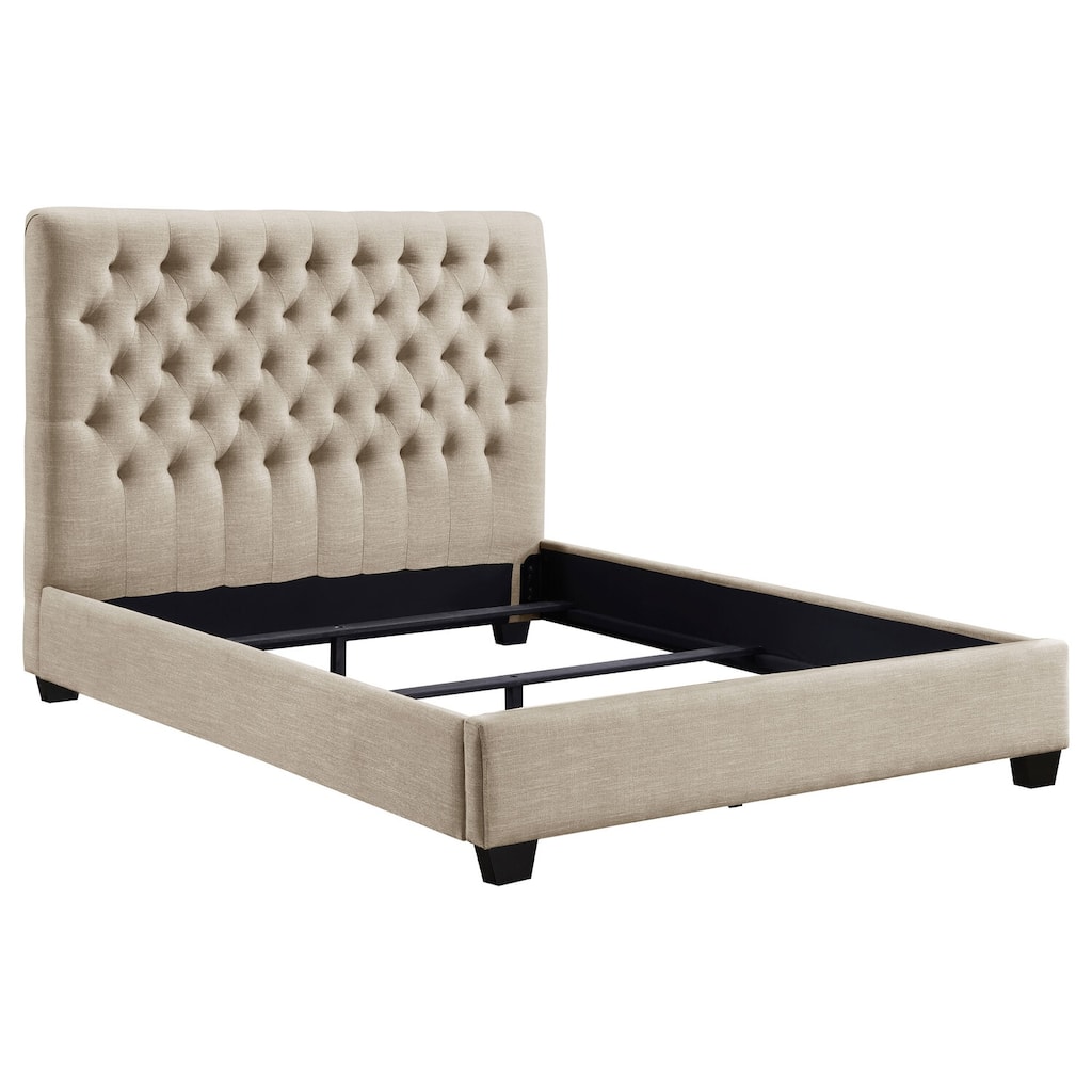 Oatmeal Twin Upholstered Bed with Button-Tufted High Headboard and Low Sleek Design