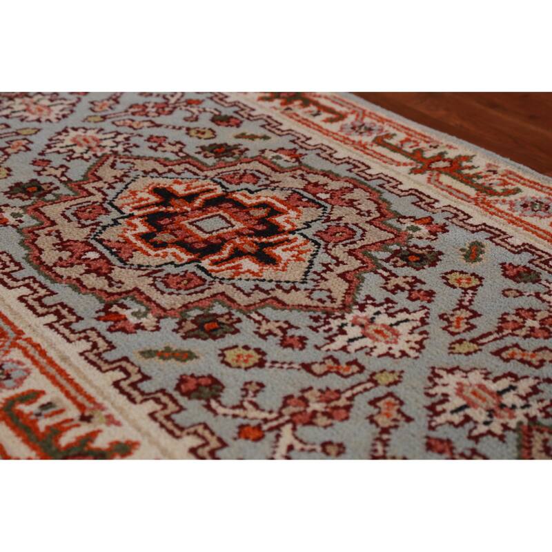 Hand Knotted Oriental 100% Wool Carpet Traditional Geometric Navy Blue & Blues Heriz (serapi) Runner Rug - 8' 4'' X 2' 6''