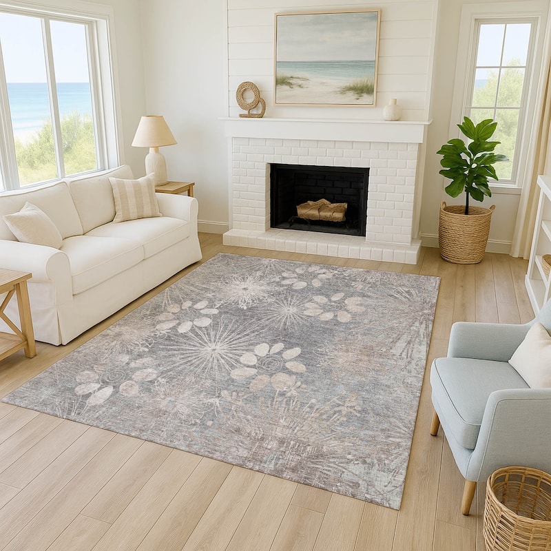 Machine Washable Indoor/ Outdoor Floral Geo Chantille Rug
