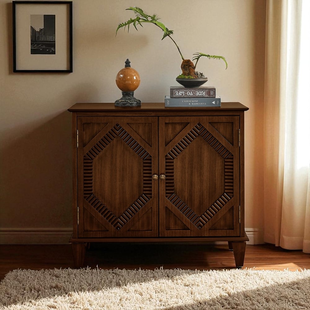 Retro Wooden Sideboard Buffet Cabinet, Geometric Accent Storage Credenza with Adjustable Shelf, Entryway/Dining/Media Console