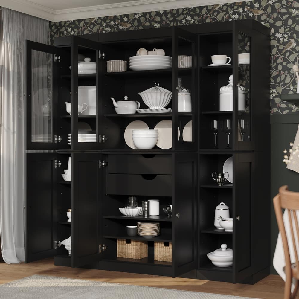 Palace Imports 100% Solid Wood Pantry China Cabinet, Clear Glass & Shaker Doors, 2 Drawers, Adjustable Shelves