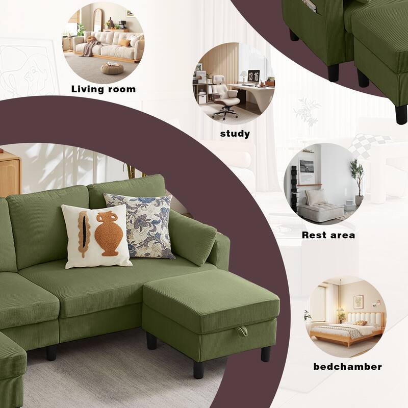 101"Corduroy 3 Piece Living Room Set Including 4 Seater Sofa ,2 Storage Ottoman and Chair