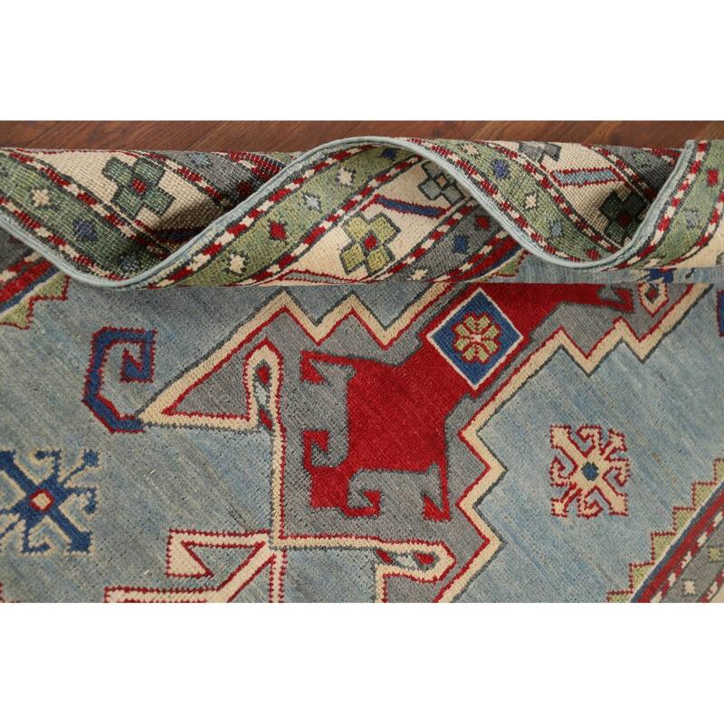 Light Blue Geometric Kazak Accent Rug Handmade Wool Carpet - 3'3" x 4'11"