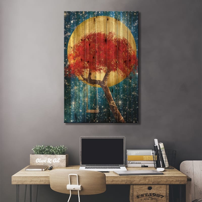 Swing Under A Golden Moonlight Print On Wood by Diogo Verissimo - Multi-Color