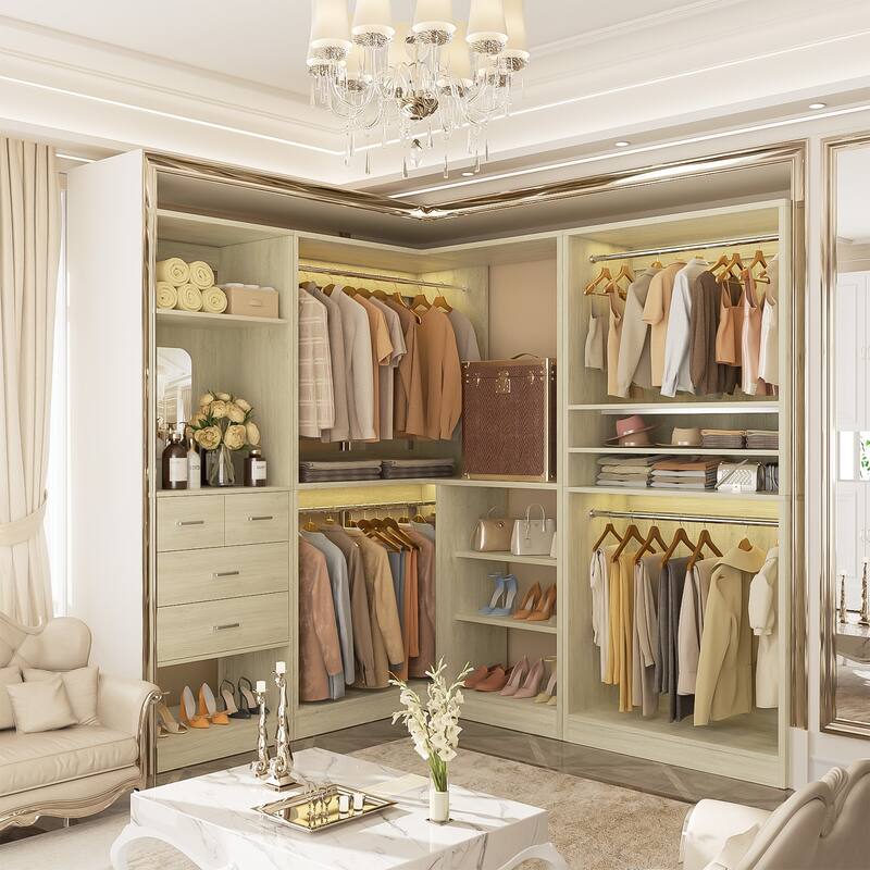 Cimly Set of 3 Corner Closet System with Hanging Rods, Space-saving Closet Organizer with Mirror - 97'' - Washed Oak