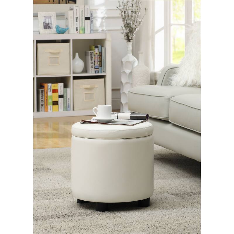 Convenience Concepts Designs4Comfort Round Accent Storage Ottoman with Reversible Tray Lid - Ivory Faux Leather