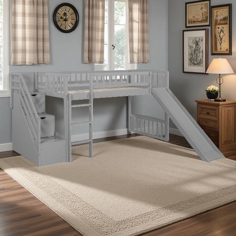 Twin Size Solid Wood Loft Bed with Stairway, Convertible Ladder, Slide, 2 Drawers for Storage, and Guardrails - Gray
