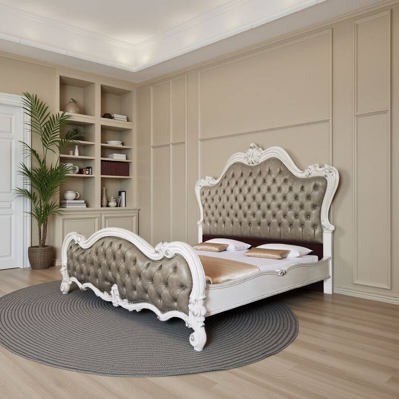 Sicily Queen Bed, Classic White Carved Frame, Tufted Gray Faux Leather