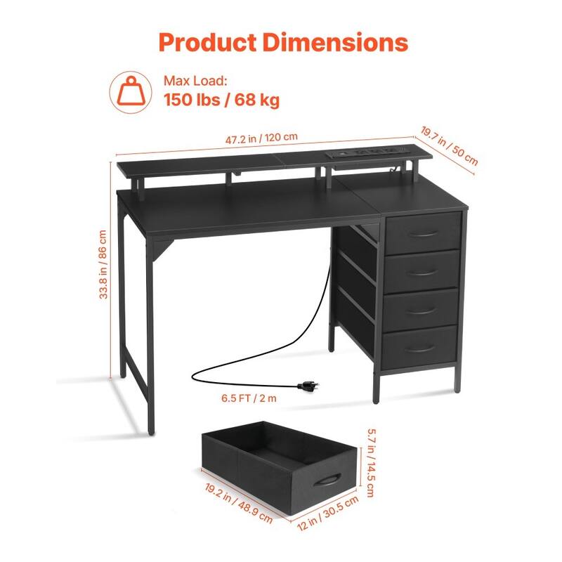 47" RGB Computer Desk with Adjustable Feet and Reinforced Steel Frame 4 Drawers for Office Storage