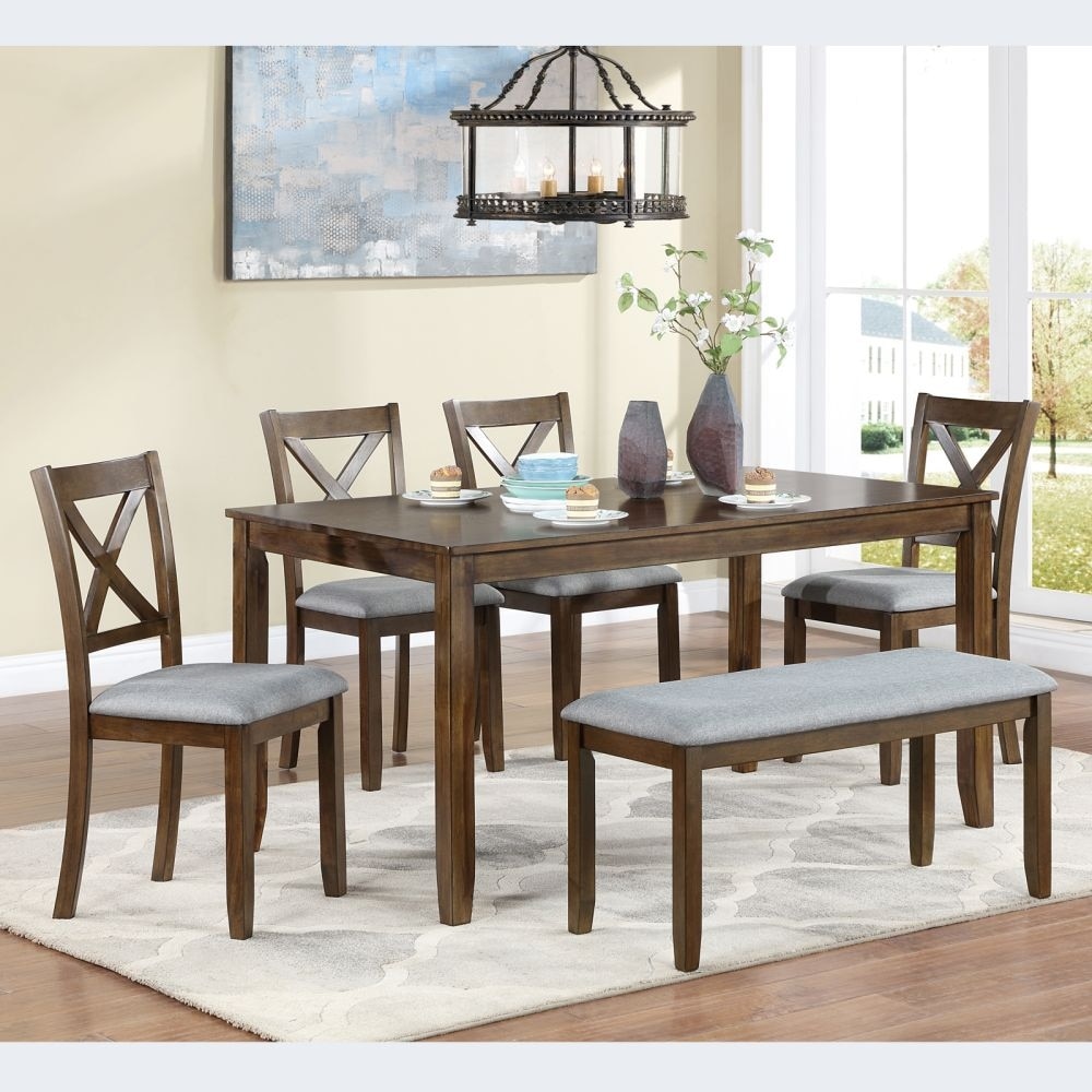 6 Pieces Kitchen Dining Set, Rectangular Wooden Dining Table with 4 Upholstered Chairs and a Bench