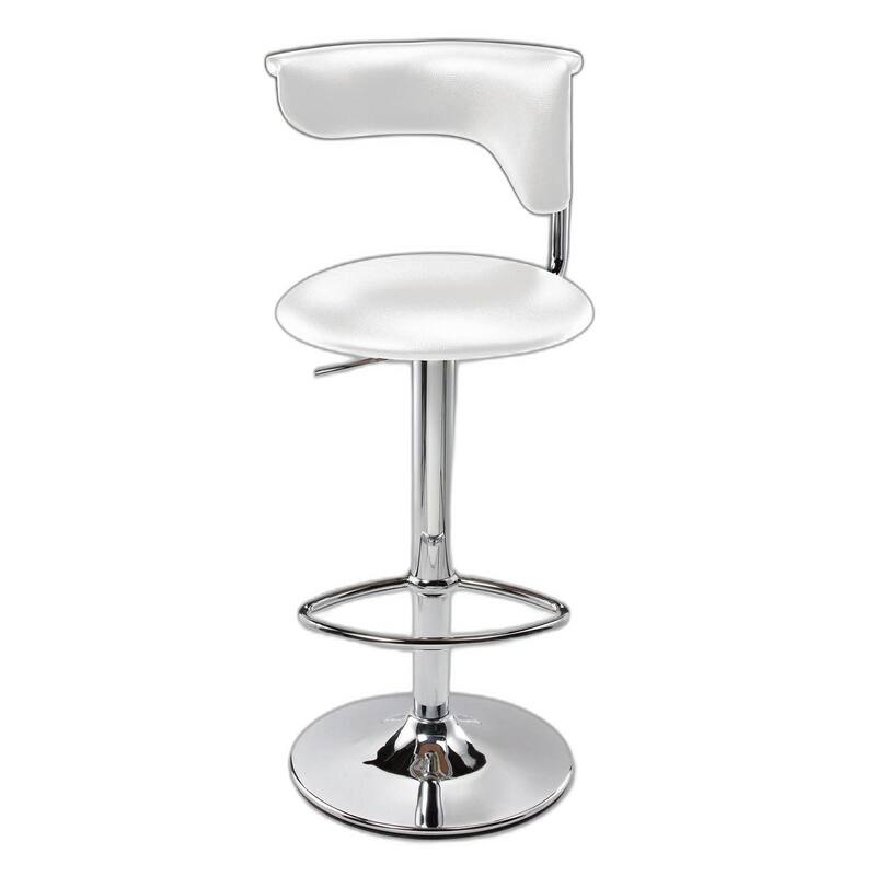 White And Silver Faux Leather And Metal Low Back Adjustable Height Bar Chair