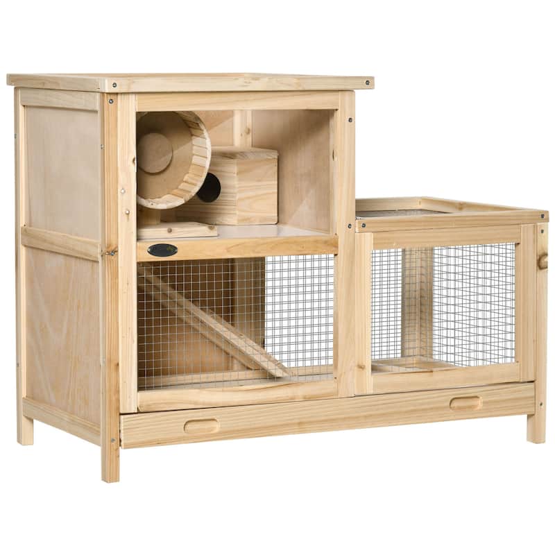 Natural Fir Wood Hamster Cage with Plexiglass Window and Multi-Level Play - 30.75"L x 16.25"W x 23.5"H - Natural