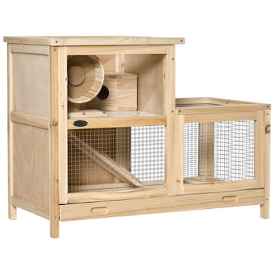 Natural Fir Wood Hamster Cage with Plexiglass Window and Multi-Level Play - 30.75"L x 16.25"W x 23.5"H