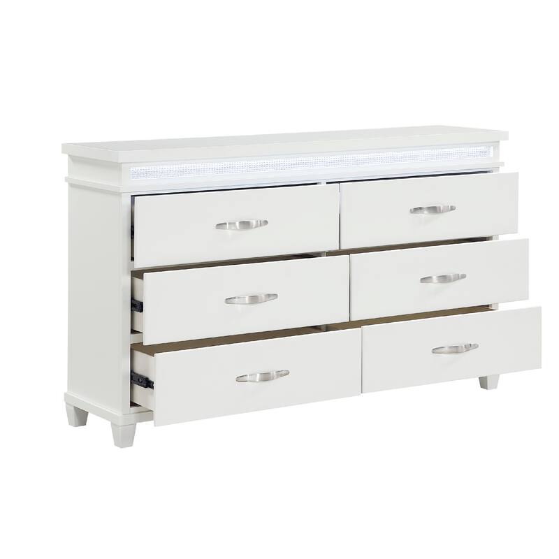 Jisy 64 Inch Wide Dresser 6 Drawers, LED Lights, White Wood, Chrome