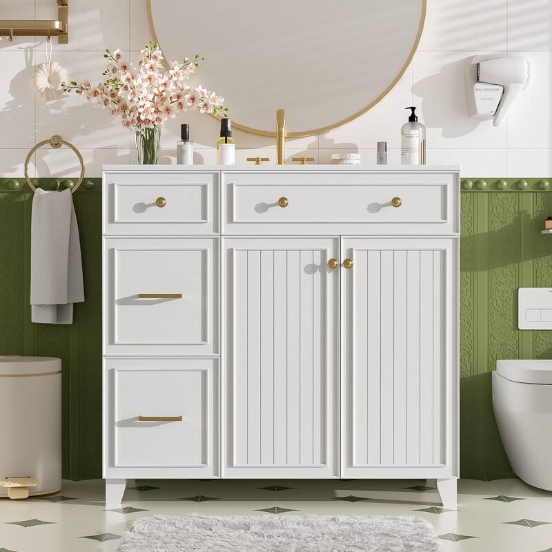 Transitional Style 36-inch Bathroom Vanity with Ceramic Sink, 2 Soft-Close Doors Freestanding Cabinet with 2 Drawers - White