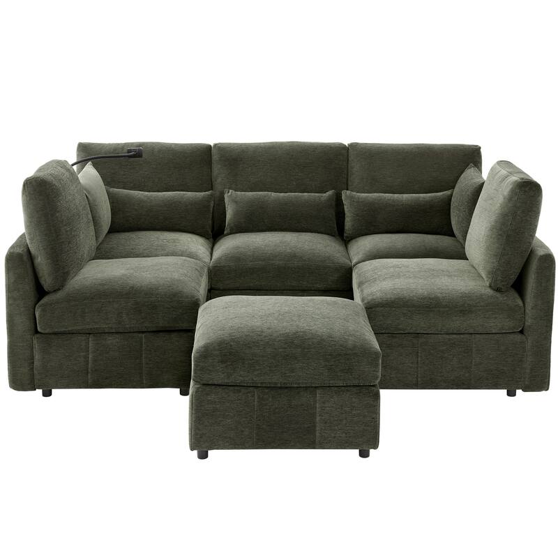 U Shaped Modular Sectional Sofa with Movable Ottoman, Chenille Upholstered 5-Seater Sofa with 2 USB Ports & Phone Holder
