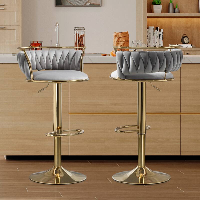 Set of 2 Velvet Adjustable Swivel Bar Stools - Gold/Grey
