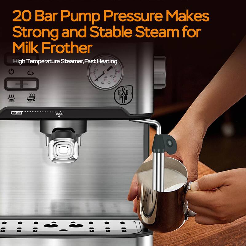 20 Bar Professional Espresso Machine with Milk Frother, Single & Double Shot, ESE Pod Compatible, Pressure Display