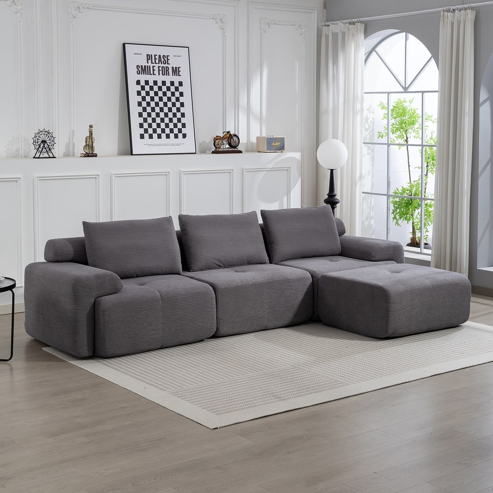 L-Shaped Convertible Sectional Sofa Bed - Memory Foam Cushions & Steel Frame, No Assembly Corduroy Sofa for Apartments