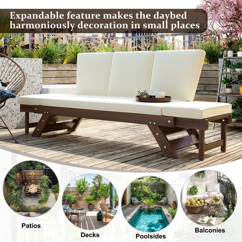 Adjustable Outdoor Daybed: Stylish Wooden Chaise Lounge With Plush Cushions, Optimized For Small-Space Relaxation