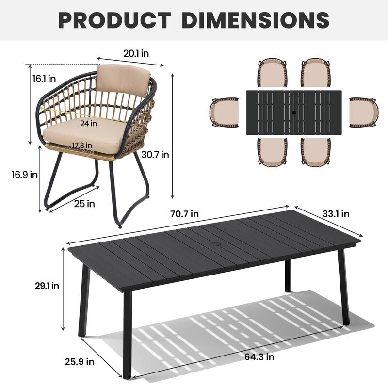 7-Piece Outdoor Rectangle Patio Dining Table with Umbrella Hole and Cushioned PE Rattan Chairs