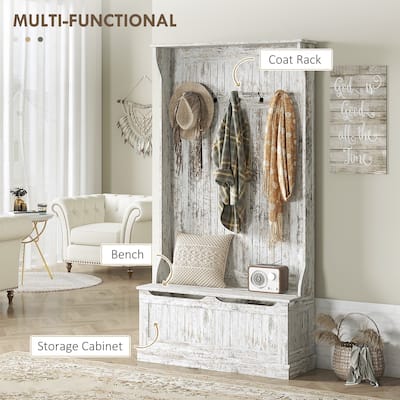 Modern Coat Rack Hall Tree with Shoe Bench and Secure Wall-Mount, Storage Cabinet with Five Double Hooks