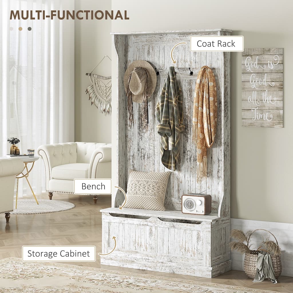 Modern Coat Rack Hall Tree with Shoe Bench and Secure Wall-Mount, Storage Cabinet with Five Double Hooks