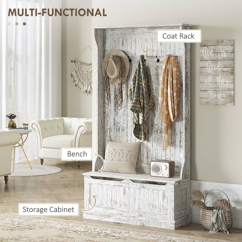 Modern Coat Rack with Anti-Tip Device Storage Bench 5 Hooks and Shoe Cabinet, for Entry and Hallway, Distressed White