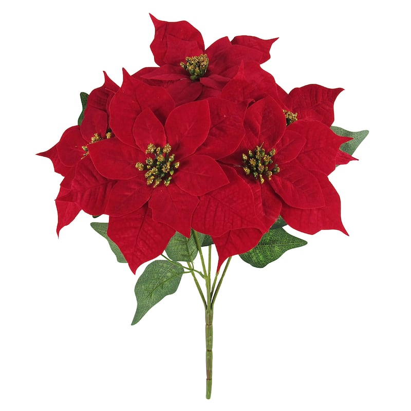 Set of 2 Artificial Poinsettia Red Velvet Gold Glitter Christmas Flower Stems Bush Bouquet 16in - 16" L x 13" W x 13" DP