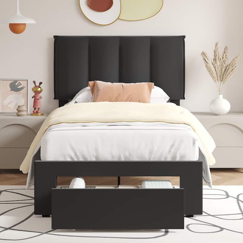 Black Bed Frame with 4 Storage Drawers, Upholstered Platform Bed Frame with Adjustable Headboard - Twin