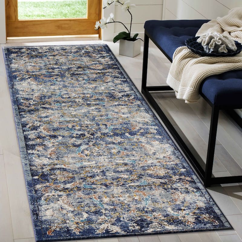 Sevita Gaia Farmhouse Floral Navy Blue Performance Indoor Area Rug - 2'3" x 8'9"