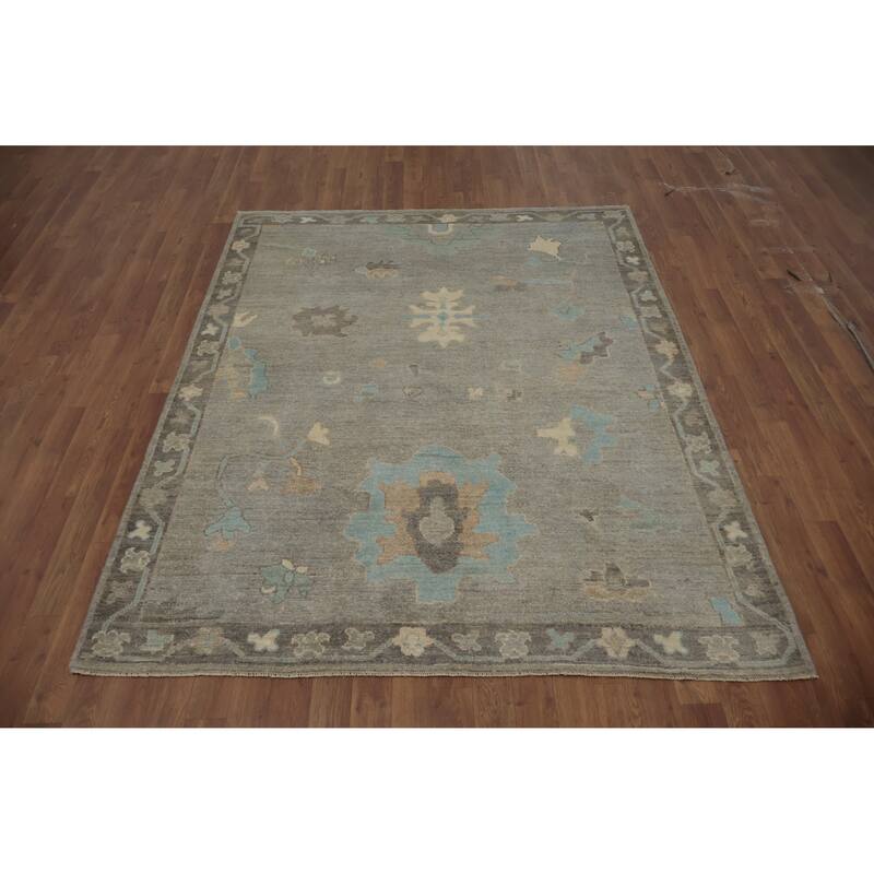 Hand Knotted Oriental 100% Wool Carpet Transitional Floral Greys & Charcoal Oushak Area Rug - 6' 5'' X 5' 2''