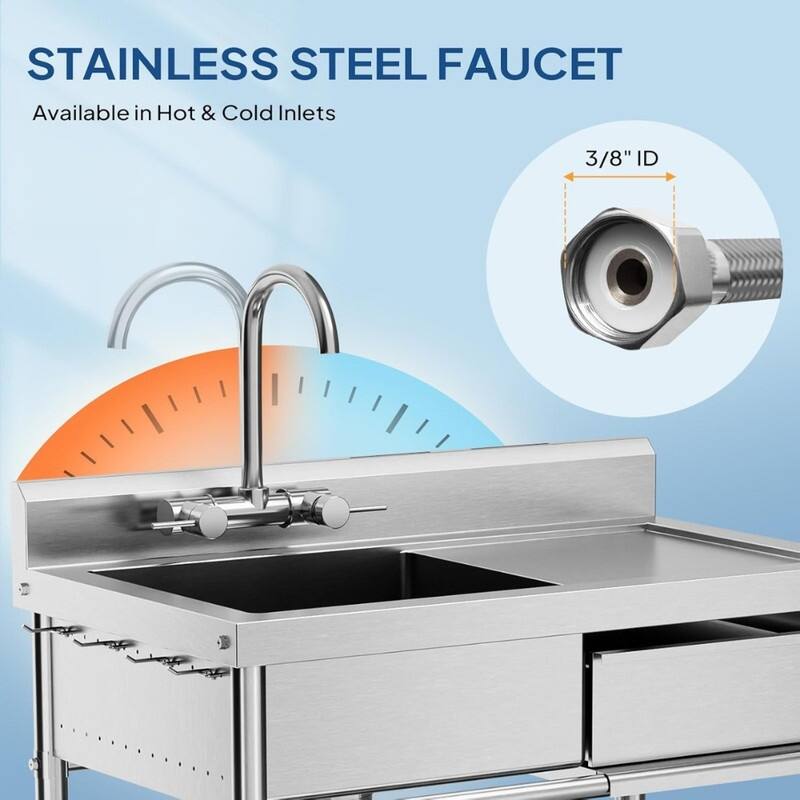 36 In. Stainless Steel Freestanding Single Bowl Sink Laundry/Utility Sink In Silver With Drawer & Hanging Hook - N/A