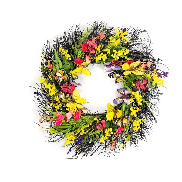 Artificial Forsythia and Butterflies on Natural Twig Base Wreath