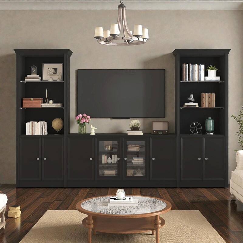 128" Wall Unit Entertainment Center with Bookshelves, TV Stand for TVs up to 80", Media Console with Glass Cabinets