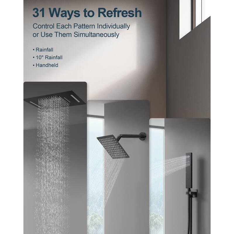 GRANDJOY Dual Shower Heads System with 3 Spray Modes 22"*15" Ceiling and 6" Wall Mount Body Jets Handheld Spray LED Music